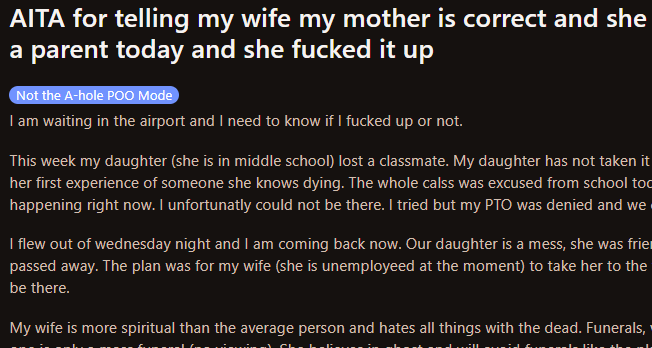 Telling my wife my mother is correct and she needed to be a parent today